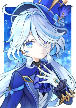 1girl absurdres ahoge black_shirt blue_bow blue_eyes blue_hair blue_hat blue_jacket bow closed_mouth drop-shaped_pupils furina_(genshin_impact) genshin_impact gloves hair_between_eyes hair_intakes hair_over_one_eye hat hat_bow heterochromia highres jacket long_sleeves looking_at_viewer multicolored_hair nanase_sato shirt solo symbol-shaped_pupils top_hat two-tone_hair upper_body vest white_gloves white_hair white_vest