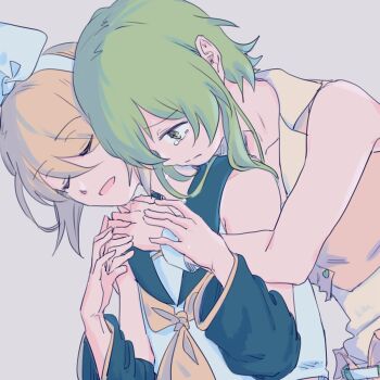 Rule 34 | 2girls, arm warmers, bare shoulders, black arm warmers, black sailor collar, blonde hair, bow, closed eyes, commentary request, detached sleeves, green eyes, green hair, green vest, grey background, gumi, hair bow, hairband, hands on another's hands, highres, hug, hug from behind, kagamine rin, medium hair, multiple girls, neckerchief, sailor collar, shirt, short hair, short sleeves, sidelocks, simple background, tearing up, vest, vocaloid, white bow, white hairband, white shirt, wounds404, yellow neckerchief, yuri