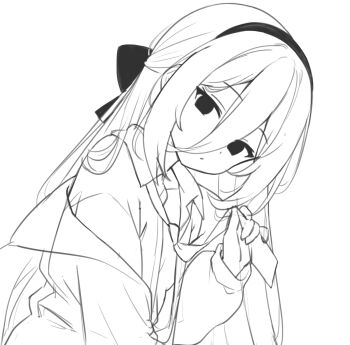 1girl bow closed_mouth clothes_grab collared_shirt commentary copyright_request dress_shirt english_commentary greyscale hair_between_eyes hair_bow hairband hand_up highres hitsukuya jacket long_hair looking_at_viewer monochrome necktie necktie_grab neckwear_grab off_shoulder open_clothes open_jacket open_shirt shirt simple_background solo very_long_hair white_background