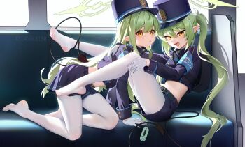 2girls absurdres all_fours armband artist_name black_tail blue_archive blue_armband blue_hat blue_jacket blue_shorts blue_skirt commentary_request demon_tail earrings fang feet gloves green_hair green_halo halo hat highres hikari_(blue_archive) jacket jewelry legs_up long_hair long_sleeves looking_at_viewer midriff multiple_girls navel no_shoes nozomi_(blue_archive) open_mouth pantyhose peaked_cap pleated_skirt pointy_ears short_shorts shorts sitting skin_fang skirt tail tail_around_another&#039;s_leg tail_wrap toes twintails ushiko_xiansheng very_long_hair white_gloves white_pantyhose yellow_eyes