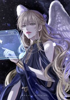 1girl black_dress blonde_hair blue_eyes blunt_bangs breasts cleavage dress feathered_wings hair_flowing_over hair_ornament halter_dress halterneck hand_up highres holographic_interface light_particles long_hair looking_at_viewer noche_official omniscient_reader's_viewpoint one_side_up painterly parted_lips see-through_cleavage see-through_clothes sky smile solo space star_(sky) starry_sky uriel_(omniscient_reader's_viewpoint) very_long_hair white_wings wings
