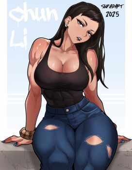 alternate_costume alternate_hairstyle bracelet breasts brown_eyes brown_hair brown_lips capcom chun-li cleavage denim earrings eyeshadow highres jeans jewelry large_breasts makeup muscular muscular_female pants sinpadart street_fighter tank_top thick_thighs thighs torn_clothes torn_jeans torn_pants