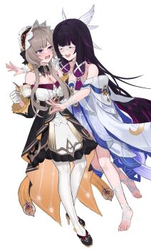 2girls ankle_ribbon ayul_(ayulneri_92) bare_shoulders barefoot black_collar black_hair black_shoes black_skirt black_sleeves blue_eyes blush bow breasts brown_hair cleavage closed_eyes collar collarbone columbina_(genshin_impact) commentary_request criss-cross_ribbon cup detached_collar detached_sleeves dress eye_mask feathered_wings frilled_hairband frills full_body gem genshin_impact gloves gradient_hair hair_ornament hair_ribbon hairband head_wings headdress highres holding holding_cup large_breasts leg_ribbon long_hair long_sleeves mask multicolored_hair multiple_girls multiple_wings open_mouth overskirt pink_hair purple_hair red_gemstone ribbon sandrone_(genshin_impact) shoes short_hair_with_long_locks sidelocks simple_background skirt smile strapless strapless_dress streaked_hair teacup thighhighs two-tone_hair very_long_hair white_background white_dress white_gloves white_headdress white_mask white_ribbon white_thighhighs white_wings wide_sleeves wing_hair_ornament wings wrist_bow wrist_ribbon x-shaped_eyewear yuri