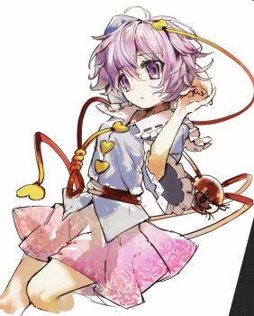 1girl black_hairband blue_shirt closed_mouth commentary floral_print hairband heart highres komeiji_satori long_sleeves looking_at_viewer messy_hair own_hands_together pink_eyes pink_hair pink_skirt rose_print sayoko404 shirt short_hair simple_background skirt solo third_eye touhou white_background