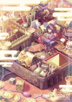 1girl alcohol artist_name axe beer_mug black_gloves black_hair cake castle cauldron coin crystal cup dice egasumi fantasy food garutaisa gloves gold_coin hat highres horse meat mug original potion purple_hat scenery scroll shield sitting staff suitcase sword treasure_chest watermark weapon windmill witch_hat