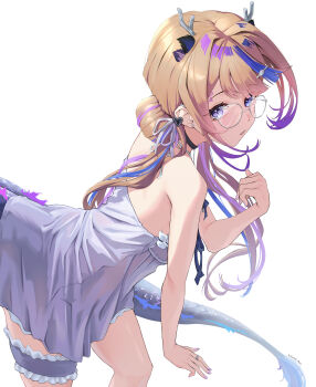 1girl absurdres airi_kanna antlers artist_name black_choker brown_hair chemise choker commentary_request cowboy_shot earrings expressionless fingernails frilled_thigh_strap from_side glasses grey_ribbon hair_ribbon hand_up highres horns jewelry kitsune_hero leaning_forward long_hair looking_at_viewer looking_to_the_side multicolored_hair nail_polish parted_lips purple_chemise purple_nails ribbon ring simple_background solo standing stellive streaked_hair stud_earrings tail thigh_strap turning_head virtual_youtuber white-framed_eyewear white_background