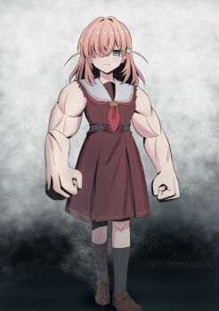 Rule 34 | absurdres, black socks, clenched hands, crossed bangs, dress, green eyes, hair ornament, hasu no sora school uniform, highres, hinoshita kaho, kick back (song), link! like! love live!, loafers, love live!, medium hair, muscular, muscular arms, muscular female, neckerchief, one eye covered, orange hair, oversized limbs, rabbit hair ornament, red neckerchief, sailor dress, school uniform, shoes, smoke, socks, tera dash, torn clothes, torn sleeves, two side up, winter uniform