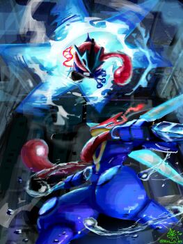 ash-greninja battle frog gen_6_pokemon glowing glowing_eyes greninja highres kunai long_tongue mega_greninja nintendo pokemon pokemon_(creature) red_eyes rhond_45 shuriken tongue weapon