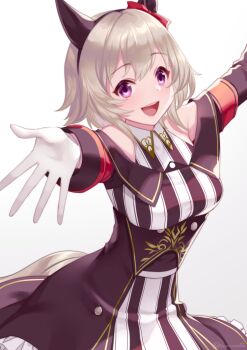 1girl akatsuki_(kuon) animal_ears bare_shoulders black_coat black_dress black_hairband blush bow breasts coat commentary_request curren_chan_(fille_eclair)_(umamusume) curren_chan_(umamusume) dress ear_bow ear_covers gloves grey_hair hairband horse_ears horse_girl horse_tail large_breasts long_sleeves looking_at_viewer off-shoulder_coat off-shoulder_dress off-shoulder_jacket off_shoulder open_mouth purple_eyes red_bow short_hair smile solo striped_clothes striped_dress tail teeth umamusume upper_teeth_only vertical-striped_clothes vertical-striped_dress white_background white_dress white_gloves