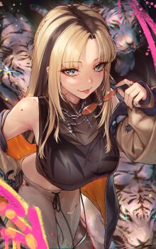 1girl :p absurdres animal black_hair black_jacket black_nails black_shirt black_tank_top blonde_hair blue_eyes blunt_ends blush braid breasts chromatic_aberration commentary_request crop_top cropped_shirt curtained_hair ear_piercing grey_pants halter_shirt halterneck hand_on_own_hip highres holding holding_removed_eyewear hololive hololive_dev_is jacket jewelry koganei_niko koganei_niko_(1st_costume) large_breasts letterman_jacket long_hair looking_at_viewer mole mole_on_shoulder multicolored_hair multiple_rings nail_polish necklace off_shoulder open_clothes open_jacket orange-tinted_eyewear orange_jacket padoruu pants piercing ring round_eyewear see-through_clothes see-through_shirt shirt side_braid sidelocks sleeveless sleeveless_shirt slit_pupils solo straight_hair streaked_hair sukajan sweatpants tank_top tiger tinted_eyewear tongue tongue_out torn_clothes torn_pants two-sided_fabric two-sided_jacket two-tone_hair unworn_eyewear virtual_youtuber white_tiger