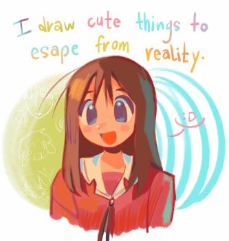 Rule 34 | 1girl, :d, azumanga daioh's school uniform, azumanga daiou, blandboyx, blue eyes, blush, brown hair, colorful, commentary, english commentary, english text, highres, kasuga ayumu, long hair, looking at viewer, mihama chiyo, open mouth, pink shirt, sailor collar, school uniform, serafuku, shirt, simple background, sketch inset, smile, solo, takino tomo, upper body, white background