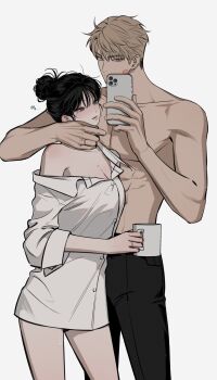 1boy 1girl arm_on_another's_shoulder bare_shoulders black_eyes black_hair black_pants bow brown_eyes brown_hair collared_shirt commentary_request couple cowboy_shot cup hair_bun hetero hickey highres holding holding_cup holding_phone hye_xa jewelry korean_commentary lipstick_mark looking_at_phone no_shirt original pants phone ring shirt shirt_slip single_bare_shoulder wedding_ring white_background white_shirt