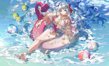 1girl absurdres ahoge aqua_eyes ball bare_legs bare_shoulders barefoot beachball bow breasts bubble carlotta_(splashing_summer)_(wuthering_waves) carlotta_(wuthering_waves) casual_one-piece_swimsuit cleavage closed_mouth collarbone feet food from_above full_body hair_bow highres holding holding_food ice_cream innertube kaekaeki legs long_hair looking_at_viewer medium_breasts off-shoulder_one-piece_swimsuit off_shoulder official_alternate_costume one-piece_swimsuit parted_bangs pink_bow pink_one-piece_swimsuit rubber_duck smile solo sundae swim_ring swimsuit toes very_long_hair white_hair wuthering_waves