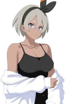 1girl absurdres alternate_costume bea_(pokemon) black_hairband bow_hairband breasts chelsea_cola_v cleavage closed_mouth collarbone commentary dark-skinned_female dark_skin eyelashes grey_eyes grey_hair hair_between_eyes hairband highres jacket long_sleeves nintendo off_shoulder pokemon pokemon_swsh short_hair simple_background sleeves_past_wrists solo upper_body white_background white_jacket
