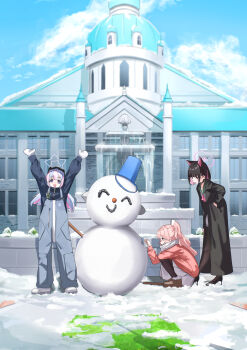Rule 34 | 3girls, animal ears, arms up, beanie, black choker, black coat, black hair, blue archive, blue hair, blue jacket, blue overalls, blue sky, building, cat ears, cat girl, character snowman, choker, cloud, coat, colored inner animal ears, colored inner hair, commentary request, day, doodle sensei (blue archive), extra ears, fountain, goggles, goggles on head, grass, green sailor collar, halo, hat, highres, jacket, kazusa (blue archive), kumakono, long hair, low twintails, mittens, multicolored hair, multiple girls, natsu (blue archive), neckerchief, open mouth, outdoors, overalls, pantyhose, pink hair, pink halo, pink jacket, pink neckerchief, ponytail, red eyes, reisa (blue archive), sailor collar, scarf, school uniform, sensei (blue archive), serafuku, short hair, skirt, sky, smile, snow, snowman, squatting, star halo, twintails, two-tone hair, white mittens, white scarf, white serafuku, white skirt, winter, winter clothes