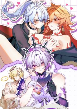 ... 2boys 2girls aglaea_(honkai:_star_rail) bare_shoulders blonde_hair blush braid breasts castorice_(honkai:_star_rail) crossed_arms genderswap genderswap_(ftm) genderswap_(mtf) highres honkai:_star_rail honkai_(series) imagining large_breasts long_hair multiple_boys multiple_girls mydei_(honkai:_star_rail) orange_hair parted_lips phainon_(honkai:_star_rail) pnemo_18 purple_hair red_tattoo smile spoken_ellipsis teeth yuri