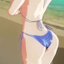 1girl 3d animated ass back bare_shoulders beach bikini bouncing_breasts braid breasts cloud grey_eyes grey_hair izayoi_sakuya jiggle large_breasts looking_at_viewer matching_hair/eyes mofumoko5 outdoors sand short_hair sky solo standing swimsuit touhou video