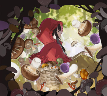 Rule 34 | 1girl, basket, black hair, champignon no majo, closed eyes, fly agaric, from side, long hair, luna (champignon no majo), mushroom, nyoro (nyoronyoro000), outdoors, profile, red hood, shiitake, sitting, tree