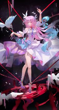 1girl absurdres aqua_hair bare_shoulders bird breasts cyrene_(honkai:_star_rail) cyrene_(ripples_of_past_reverie)_(honkai:_star_rail) dove dress flower hair_flower hair_ornament high_heels highres honkai:_star_rail honkai_(series) large_breasts long_hair multicolored_hair pink_hair pointy_ears purple_eyes smile solo very_long_hair white_dress white_hair zhui_ming_jin_ge