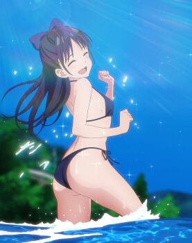1girl absurdres alternate_breast_size arm_behind_head armpits bikini black_hair breasts cleavage happy highres miyao_nemu navel ocean open_mouth smile solo stitched swimsuit teeth thighs third-party_edit water witch_watch