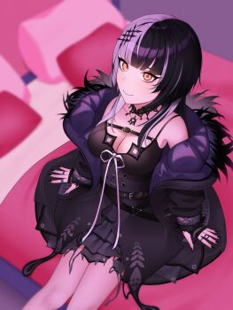 1girl absurdres black_choker black_coat black_dress black_hair black_nails blunt_bangs blurry blurry_background breasts choker cleavage closed_mouth coat commentary cowboy_shot dress drey525 fingernails from_above fur-trimmed_coat fur_trim grey_hair highres hololive hololive_english large_breasts long_hair looking_at_viewer multicolored_hair nail_polish on_bed shiori_novella shiori_novella_(1st_costume) smile solo split-color_hair two-tone_hair virtual_youtuber yellow_eyes