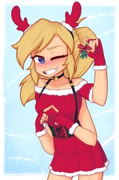 Rule 34 | 1girl, absurdres, antlers, arm behind back, bell, black choker, black hairband, blonde hair, blue background, blue eyes, blush, border, choker, christmas, collarbone, commentary, cowboy shot, dress, english commentary, extra arms, fake antlers, fangs, fingerless gloves, fur trim, gloves, hairband, highres, holding, holding mistletoe, horns, index fingers together, long hair, looking at viewer, mistletoe, neck bell, nelly (xyronii), one eye closed, open mouth, original, red dress, red gloves, reindeer antlers, smile, solo, white border, xyronii