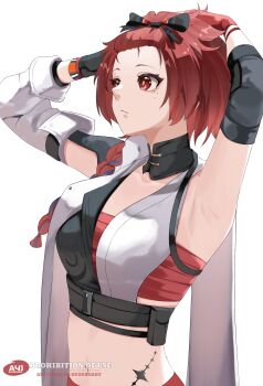 1girl absurdres armpits arms_up artist_logo ayj_(ayoungart) bangs_pinned_back black_bow bow braid breasts chest_sarashi chixia_(wuthering_waves) closed_mouth collarbone commentary commission elbow_pads hair_bow highres logo medium_breasts multicolored_hair navel red_eyes red_hair sarashi short_hair simple_background skeb_commission solo stomach streaked_hair tacet_mark_(wuthering_waves) upper_body watermark white_background wuthering_waves