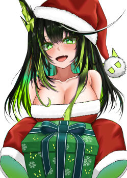 1girl :d absurdres alternate_costume arknights bare_shoulders black_hair blush box breasts bright_pupils christmas christmas_present cleavage collarbone colored_inner_hair commentary eyes_visible_through_hair fang fur-trimmed_headwear fur-trimmed_shirt fur-trimmed_sleeves fur_trim gift gift_box green_eyes green_hair hat highres holding holding_gift large_breasts long_hair looking_at_viewer mon3tr_(arknights) multicolored_hair open_mouth red_hat red_shirt santa_costume santa_hat shirt simple_background skin_fang sleeves_past_fingers sleeves_past_wrists smile solo upper_body vailtred white_background white_pupils