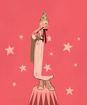 1girl blending blonde_hair cape commentary_request covering_own_mouth dress full_body hand_on_own_hip hat highres holding holding_wand long_hair long_sleeves looking_to_the_side neck_ribbon neck_ruff one_eye_closed original pink_background ribbon shoes sneakers solo star_(symbol) star_print star_wand syooooyoooo wand wizard_hat