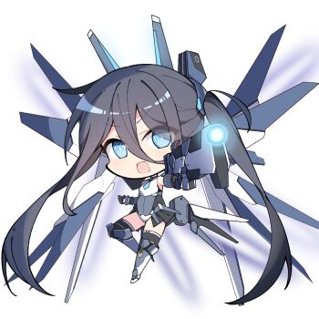 1girl aiming aiming_at_viewer aliasing aqua_eyes aris_(armed)_(blue_archive) aris_(blue_archive) armored_boots bare_shoulders black_gloves black_hair black_leotard black_thighhighs blue_archive blue_leotard blue_necktie boots breasts bright_pupils chibi chibi_only chinese_commentary clenched_hand commentary_request eyes_visible_through_hair full_body fuyou_lev gloves gun hair_between_eyes headgear highres holding holding_gun holding_weapon leotard long_bangs long_hair long_hair_between_eyes looking_at_viewer making-of_available mecha_musume mechanical_wings multicolored_leotard necktie no_halo official_alternate_costume open_mouth partial_commentary ringed_eyes showgirl_skirt simple_background small_breasts solo thighhighs v-shaped_eyebrows very_long_hair weapon white_background white_leotard white_pupils wings