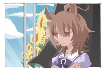 1girl agnes_tachyon_(umamusume) ahoge animal_ears beer_hsk blue_sky bow brown_hair closed_mouth cloud commentary_request curtains day flower hair_between_eyes horse_ears puffy_short_sleeves puffy_sleeves purple_bow purple_shirt red_eyes school_uniform shirt short_sleeves sky smile solo sunflower tracen_school_uniform umamusume upper_body window yellow_flower