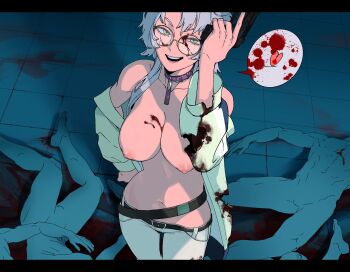 1girl 4boys :d barefoot belt blood blood_on_breasts breasts collar collarbone corpse death dia_(flex_frontline) green_eyes grey_hair gun hand_on_own_hip handgun heart highres holding holding_gun holding_weapon jacket kawatiw large_breasts letterboxed long_hair looking_at_viewer lying multiple_belts multiple_boys nipples on_back open_mouth original panties purple_collar second-party_source sleeves_past_wrists smile solo_focus spoken_blood spoken_heart standing teeth tile_floor tiles torn_clothes torn_jacket underwear weapon white_belt white_panties