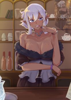 1girl bare_shoulders blue_eyes bob_cut bottle bracelet breasts cleavage commentary cup dark-skinned_female dark_elf dark_skin double-parted_bangs dress ear_piercing elf english_commentary fur_trim game_screenshot_inset hair_between_eyes highres indoors jewelry large_breasts long_pointy_ears looking_at_viewer mole mole_on_breast nail_polish off_shoulder parted_lips piercing pink_lips pointy_ears reference_inset saucer screenshot_inset shelf shop short_bangs short_hair short_sleeves smile solo teacup teapot unicorn_overlord upper_body vialnite white_hair
