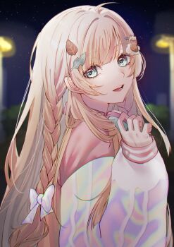 Rule 34 | 1girl, absurdres, blonde hair, blue eyes, braid, hair ornament, headphones, headphones around neck, highres, hololive, jacket, kazama iroha, kazama iroha (street), lamppost, leaf hair ornament, letterman jacket, long hair, looking at viewer, night, open mouth, pink jacket, rayla (rayla illust), sky, smile, solo, star (sky), virtual youtuber