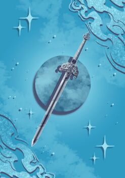 Rule 34 | abstract background, blue background, blue gemstone, blue theme, card (medium), cloud, colored smoke, commentary, english commentary, gem, highres, long sword, monochrome, mu qing (tianguan cifu), no humans, object focus, outline, shadow, silver trim, sky, smoke, sparkle, sword, tianguan cifu, verbartt, weapon, white outline