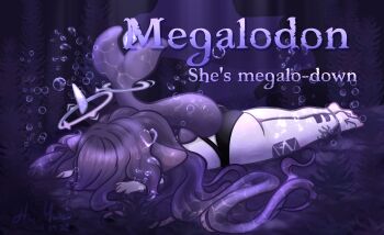 1girl air_bubble ass barefoot bubble character_name english_text face_down fins fish_tail full_body halo hasu_yuki highres indie_virtual_youtuber long_hair lying megalodon_(vtuber) on_stomach pun purple_hair seaweed shark_girl shark_tail solo tail top-down_bottom-up underwater virtual_youtuber