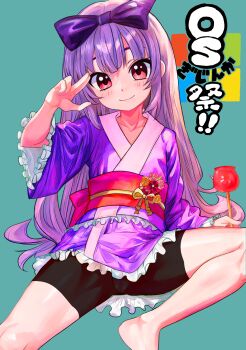 1girl 3.1-tan aqua_background barefoot bike_shorts black_shorts bow cameltoe candy_apple closed_mouth collarbone female_focus flat_chest flower food frilled_kimono frilled_sleeves frills hair_bow hand_up highres holding japanese_clothes kimono leaning_back loli long_hair looking_at_viewer microsoft_windows obi orange_flower os-tan pink_eyes pink_flower purple_bow purple_hair purple_kimono red_flower red_sash sash short_kimono short_yukata shorts sitting smile solo tsukiyono_aroe very_long_hair wide_sleeves yukata