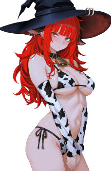 Rule 34 | 1girl, animal collar, animal ears, animal print, bell, bikini, black hat, blush, breasts, closed mouth, collar, commentary, cow ears, cow print, cow print bikini, cow print sleeves, cowbell, cowboy shot, detached sleeves, english commentary, fake animal ears, hat, hat ring, highres, large breasts, long hair, looking at viewer, navel, o-ring, o-ring bikini, o-ring top, original, print bikini, red eyes, red hair, red hat, side-tie bikini bottom, simple background, solo, standing, string bikini, swimsuit, two-sided fabric, two-sided headwear, v arms, val (yan kodiac), white background, witch hat, yan kodiac