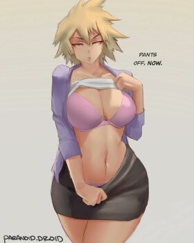 1girl artist_name bakugou_mitsuki black_skirt blonde_hair boku_no_hero_academia bra breasts business_suit cleavage clothes_lift collarbone english_text female_focus formal_clothes grey_background highres large_breasts looking_at_viewer mature_female miniskirt navel paranoid.droid pencil_skirt pink_bra red_eyes shirt_lift short_hair skirt solo stomach suit thick_thighs thighs tight_skirt underwear