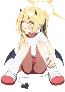 1girl bar_censor black_horns black_tail black_wings blonde_hair blue_archive blush censored commentary_request demon_horns demon_tail demon_wings gym_shirt gym_uniform halo highres horns ibuki_(blue_archive) loli long_hair matanukinuki paid_reward_available partial_commentary pointy_ears pussy shirt short_sleeves shorts simple_background socks solo tail white_background white_shirt white_socks wings yellow_eyes yellow_halo