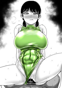 1boy 1girl absurdres bar_censor bare_arms black_hair blush breasts censored chainsaw_man clothing_aside cowgirl_position erection green_one-piece_swimsuit hetero highres huge_breasts kaiman_garupan looking_at_viewer low_twintails medium_hair mitaka_asa nose_blush one-piece_swimsuit parted_lips partially_colored penis pov sex shiny_swimsuit solo_focus straddling sweat swimsuit swimsuit_aside twintails vaginal white_background