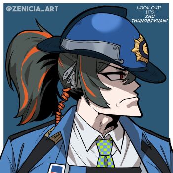Rule 34 | 1girl, black hair, blue background, blue helmet, blue jacket, blue necktie, border, cassius thundercock (meme), checkered necktie, collared shirt, commentary, custodian helmet, english commentary, green necktie, helmet, highres, jacket, looking to the side, medium hair, meme, multicolored hair, necktie, orange hair, police, police uniform, policewoman, ponytail, portrait, red eyes, shirt, solo, streaked hair, twitter username, two-tone hair, two-tone necktie, v-shaped eyebrows, white border, white shirt, zenicia art, zenless zone zero, zhu yuan