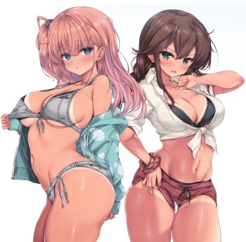 2girls aqua_eyes aqua_jacket armpit_crease atlanta_(kancolle) atlanta_(swimsuit)_(kancolle) bare_shoulders bikini bikini_tan black_bikini blue_eyes bracelet braid breasts brown_hair cleavage collarbone collared_shirt commentary_request cowboy_shot front-tie_bikini_top front-tie_top grey_bikini hair_between_eyes highres hood hood_down hooded_jacket jacket jewelry kantai_collection large_breasts layered_bikini lifting_own_clothes long_sleeves low_twin_braids multiple_girls navel nijimoto_hirok noshiro_(kancolle) noshiro_(swimsuit)_(kancolle) off_shoulder official_alternate_costume one_side_up open_mouth pink_hair presenting_tanlines red_shorts scrunchie shirt shorts shorts_lift shorts_tan side-tie_bikini_bottom sideboob sleeves_rolled_up stomach swimsuit tan tanline tanlines tied_shirt torn_bikini torn_clothes twin_braids underboob v-shaped_eyebrows white_shirt wrist_scrunchie