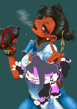 2girls absurdres anger_vein bracelet capcom chun-li closed_eyes commentary double_bun drunk earrings gourd hair_bun han_juri highres holding holding_gourd jewelry multiple_girls nojob_hiro red_nails street_fighter street_fighter_6