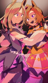 2girls amano_(amano_miko) animal_ears blonde_hair closed_mouth commentary_request crown dress gold_corset hair_between_eyes highres horse_ears horse_girl long_sleeves looking_at_another mini_crown multiple_girls narita_top_road_(the_proud_road)_(umamusume) narita_top_road_(umamusume) open_mouth orange_hair pink_crown purple_dress purple_eyes short_hair sweat t.m._opera_o_(o_sole_suo!)_(umamusume) t.m._opera_o_(umamusume) teeth thighhighs two-tone_skirt umamusume umamusume:_road_to_the_top upper_teeth_only v-shaped_eyebrows