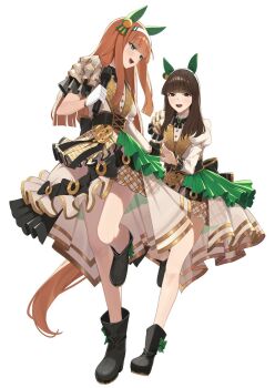 2girls animal_ears black_boots black_bow black_corset black_eyes blunt_bangs blush boots bow brown_hair corset ear_covers gloves highres holding holding_microphone horse_ears horse_girl horse_tail jacket kouno_marika long_hair looking_at_another microphone multiple_girls ningen_gokko open_mouth orange_hair shirt sidelocks silence_suzuka_(umamusume) skirt tail umamusume voice_actor voice_actor_connection white_gloves white_jacket white_shirt white_skirt