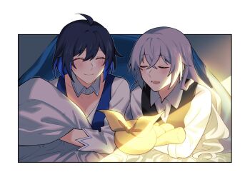 2girls black_hair black_vest blue_dress blue_hair blue_ribbon blush breasts bronya_zaychik buttons closed_eyes closed_mouth collarbone collared_shirt colored_inner_hair commentary detached_collar dress english_commentary grey_hair hair_between_eyes hair_ribbon highres honkai_(series) honkai_impact_3rd hugging_object indoors long_hair long_sleeves lying medium_breasts multicolored_hair multiple_girls natsuki_(2917) on_bed on_stomach open_mouth pillow pillow_hug pinafore_dress ribbon seele_vollerei shirt short_hair sidelocks sleeveless sleeveless_dress smile stuffed_toy sunlight teeth vest white_shirt wing_collar yellow_ribbon