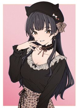 1girl animal_print black_choker black_hair black_hat black_shirt border breasts brown_eyes choker cleavage collarbone commentary_request earrings fingernails frilled_choker frills hair_down hand_up hat heart heart_earrings highres horned_hat idolmaster idolmaster_shiny_colors jewelry leopard_print long_hair long_sleeves looking_at_viewer mayuzumi_fuyuko outside_border parted_lips pink_background print_skirt qaqyes_re shirt skirt solo upper_body white_border