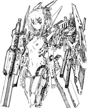 1girl absurdres bar_censor breasts cannon censored commentary english_commentary greyscale hair_ornament hairclip headgear highres joints mechanical_arms mechanical_legs mechanical_wings medium_hair monochrome navel nipples original robot_joints shiokaze1409 sidelocks small_breasts solo traditional_media wings