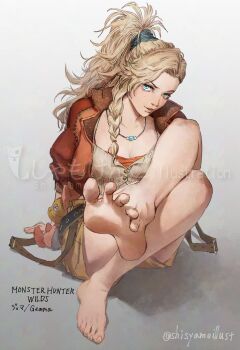 Rule 34 | 1girl, artist name, asymmetrical bangs, bare legs, barefoot, belt, blonde hair, blue eyes, breasts, brown shorts, character name, cleavage, collarbone, commentary request, convenient leg, copyright name, crossed legs, eyelashes, feet, foot focus, forehead, foreshortening, full body, gemma (monster hunter wilds), gradient background, grey background, hair over shoulder, highres, large breasts, legs, long hair, looking at viewer, monster hunter (series), monster hunter wilds, neck, parted lips, ponytail, presenting foot, shishamo (shisyamo), short shorts, shorts, sitting, soles, solo, spread toes, toenails, toes, twitter username, watermark